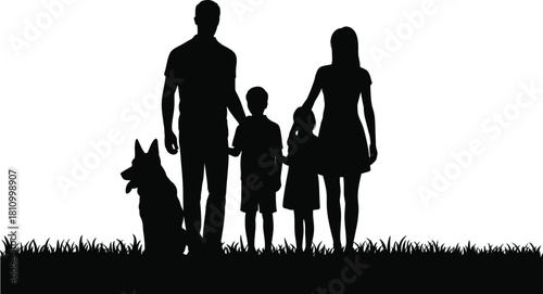 Black silhouette of happy family with parents, kids and dog standing on grass, vector illustration isolated on white background, love concept