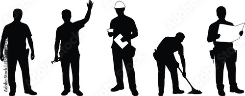 Set of black construction worker silhouettes, builder, engineer and handyman poses, vector illustration isolated on white background, industry concept