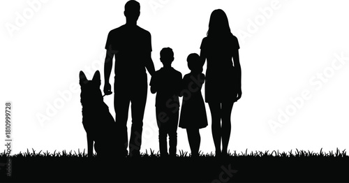 Black silhouette of happy family with two kids and dog standing on grass, vector illustration isolated on white background, togetherness concept