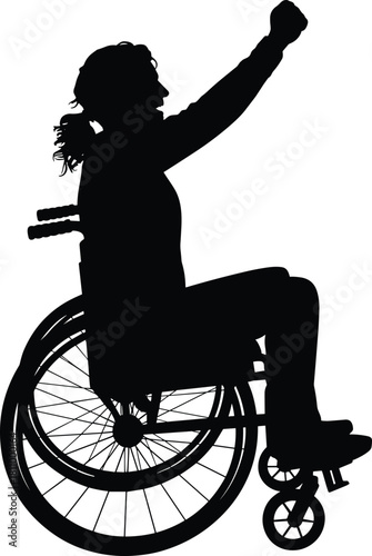 Silhouette of happy disabled woman sitting in wheelchair raising fist, vector illustration isolated on white background, success and victory concept