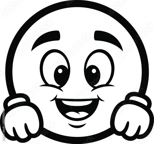A cheerful black and white cartoon smiley face character with big eyes and hands peeking over an edge.