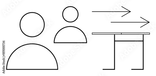 Two abstract human figures beside a desk with arrows indicating interaction or data transfer. Ideal for teamwork, communication flow, collaboration, productivity, business exchange, idea sharing
