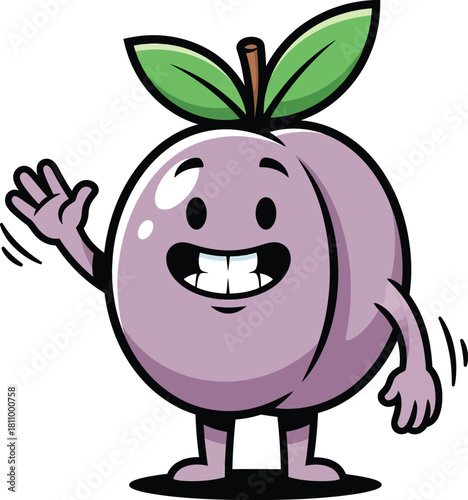 A cheerful purple plum cartoon mascot with a big toothy grin winking and waving hello.