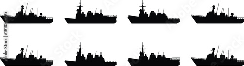 Naval Fleet Silhouette Collection, Modern Warship Destroyer Frigate Cutter Patrolling Ocean, Vector Illustration Set, Isolated Black Ship Outlines, Military Power and Defense Concept Design Element.