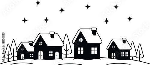 Black and white graphic illustration of snowy houses and trees under a starry night sky