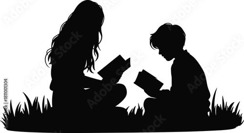 Black silhouette vector illustration of two children sitting on grass reading books, brother and sister learning outdoors, education concept design