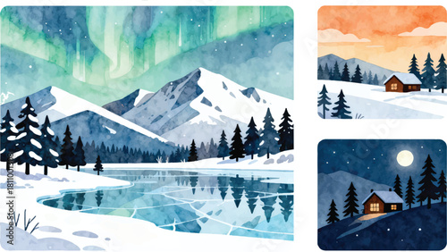 Northern Lights Winter Landscape Watercolor Sticker Collection, Aurora Borealis, Mountains, Forest & Snowy Night Scenes