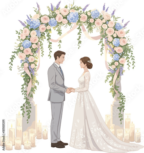 Christian Bride and Groom Under Floral Wedding Arch