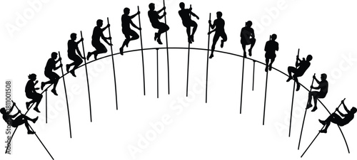 Silhouette illustration of a male pole vaulter jumping sequence, showing distinct phases of the athletic motion in an arch shape, isolated on white background.