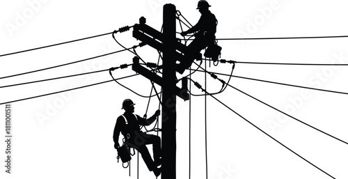 Silhouette, utility workers, power pole, electrical repair, safety gear, teamwork, maintenance, infrastructure, linemen, high voltage, harness, helmet, wires, danger, skilled labor,