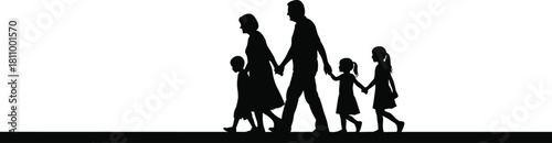Black silhouette of a family with two adults and three children walking hand in hand