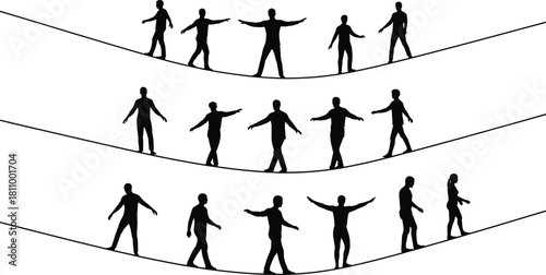 Silhouettes walking on curved paths, abstract motion concept, balance and movement illustration, parabolic lines with people, artistic progression design, minimalist vector scene