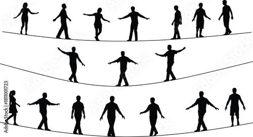Silhouettes walking on curved paths, balance concept, tightrope journey, abstract motion, minimalist design, people in motion, metaphorical progress, artistic illustration,