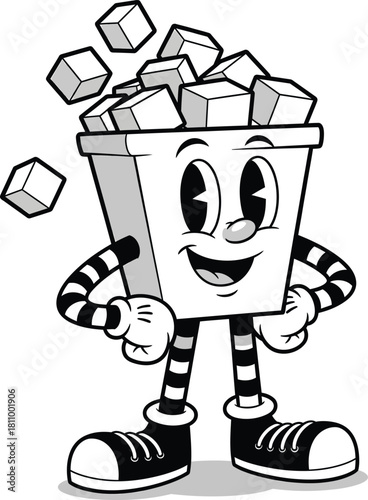 A smiling vintage cartoon bucket character with striped limbs overflowing with ice cubes in a confident pose.