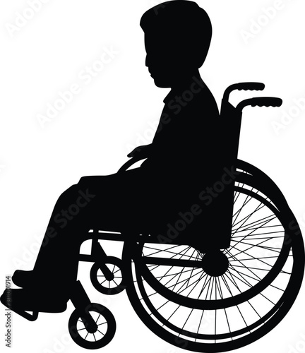 Silhouette of disabled little boy sitting in wheelchair, side view vector illustration isolated on white background