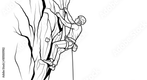 Monochrome outline of climber gripping rock wall, angular climbing pose, minimal stroke style.”