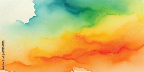 Abstract colorful watercolor background depicting a dramatic sunrise or sunset sky with clouds, sun, and bright red, orange, and blue light