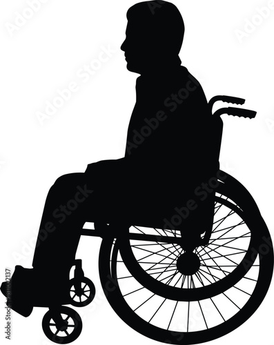 Silhouette of disabled man sitting in wheelchair, side view vector illustration for medical concept, isolated on white background