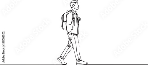 Minimalist black line drawing of a man walking with a backpack isolated on white background.