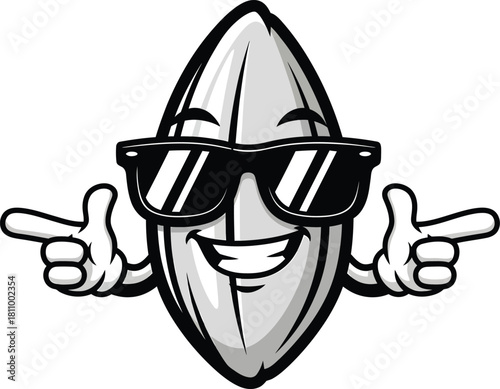 Cool cartoon sunflower seed mascot with sunglasses making a confident finger gun gesture.
