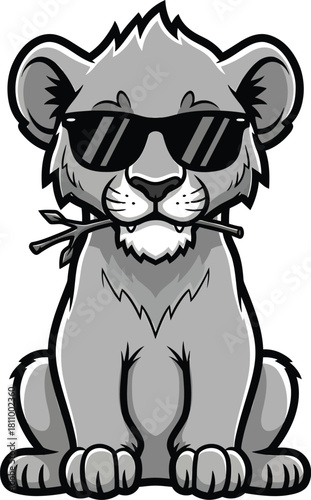 Cool grayscale cartoon lion cub wearing sunglasses and holding a twig in its mouth.