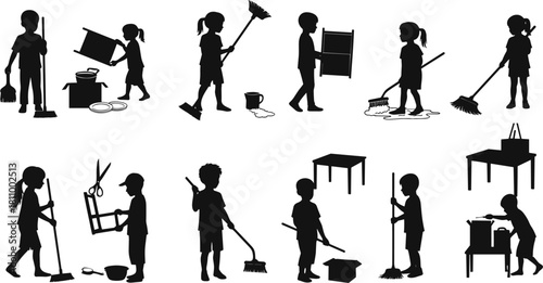 Children silhouettes cleaning and tidying up with brooms mops and boxes sweeping