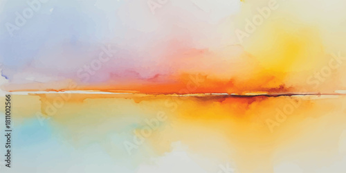 Abstract colorful watercolor background capturing a beautiful orange and blue sunset over the dramatic sea landscape