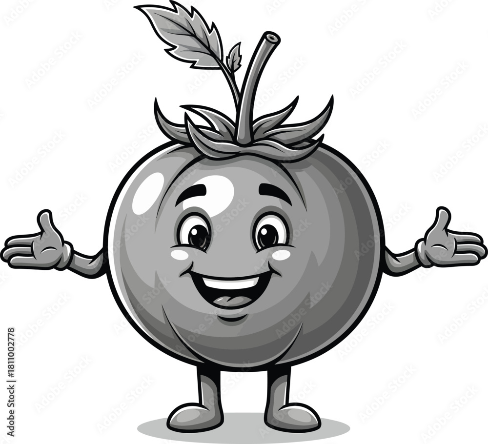 Fototapeta premium Grayscale cartoon tomato mascot with a happy face outstretched arms and a leafy stem.