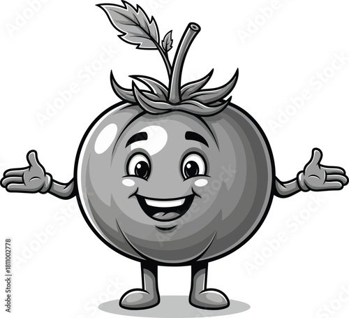 Grayscale cartoon tomato mascot with a happy face outstretched arms and a leafy stem.