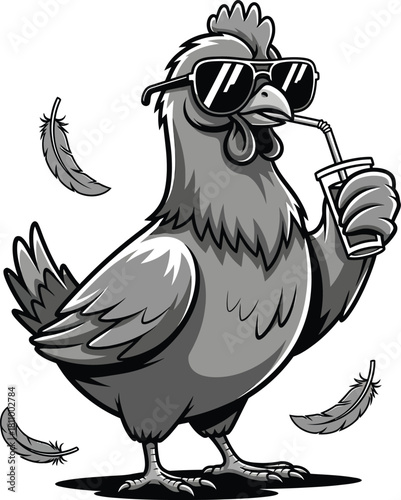 Grayscale cartoon chicken mascot with sunglasses sipping a beverage through a straw.
