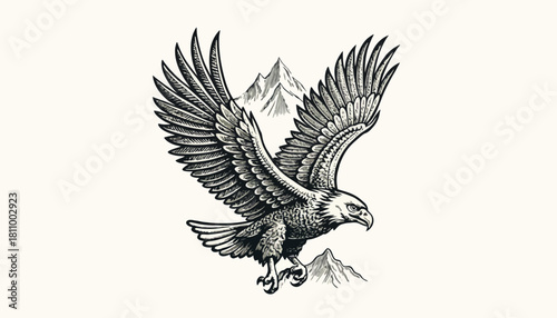 Majestic Eagle Soaring Through Mountain Peaks Symbol of Freedom and Power in Stunning Illustration