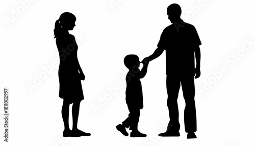 Stylized black silhouette illustrating a family unit with parents and their young child, symbolizing the strength of family bonds and parental care