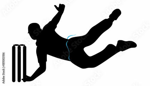 Dramatic silhouette of a cricketer making a diving save at the wicket, a vector graphic icon representing the sport's action