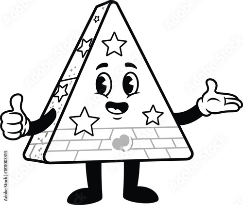 Happy Retro Cartoon Pyramid Character with Stars Giving a Thumbs Up.