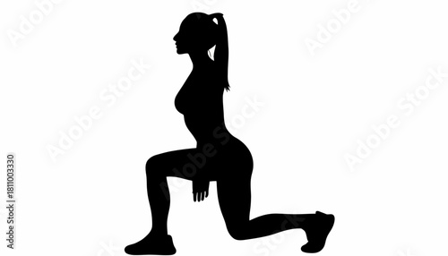 Side profile vector illustration of a fit woman in a forward lunge pose. A graphic symbol for gym, training, and aerobics