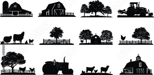 Collection of black silhouettes of farm buildings animals and tractors on white background