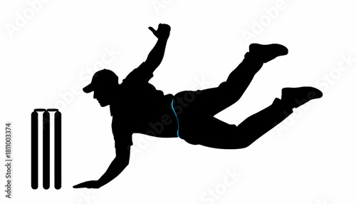 Cricket Player Diving for Catch Silhouette Dynamic Action Sports Illustration
