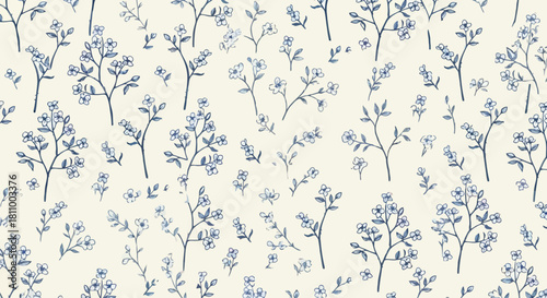 Charming Hand-Drawn Blue Wildflower Meadow Design, Seamless Botanical Motif for Fabric, Packaging, or Decorative Digital Artwork Rendering