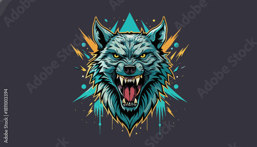 Dynamic vector art of a ferocious wolf head with sharp teeth, ideal for a team emblem or t-shirt design