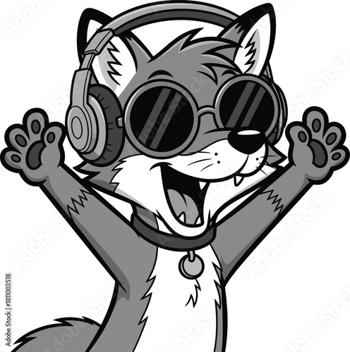 Monochrome cartoon fox wearing headphones and sunglasses cheering with paws raised.