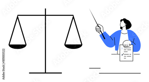 Scales representing justice beside a figure holding a document and pointer. Ideal for ethics, law, fairness, legal rights, balance, decision-making, education. Simple flat metaphor