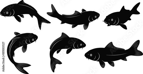 Black Silhouette Vector Set of Six Koi Carp Fish Swimming Design Elements for Oriental Tattoo Art, Logo, and Japanese Pond Decoration
