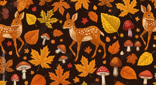 Seamless Autumn Forest Pattern Cute Fawns, Vibrant Falling Leaves, and Wild Mushrooms on Dark Background – Whimsical Nature Seasonal Design