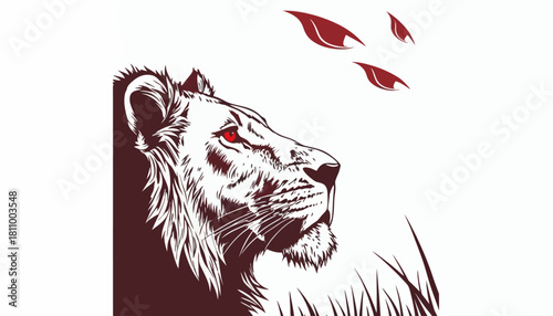 Majestic graphic illustration of a proud lion's head with piercing red eyes and artistic leaf elements, symbolizing power and untamed nature