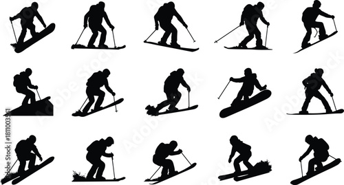 Collection of black silhouettes of skiers and snowboarders in various dynamic poses on white background