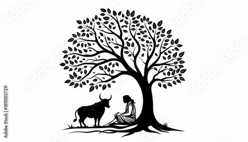 Serene silhouette of a woman and a peaceful cow resting together under the expansive shade of a majestic, ancient tree, symbolizing tranquil harmony with nature