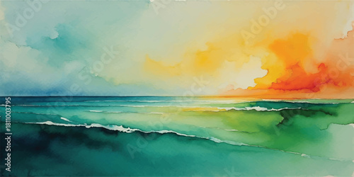 Beautiful summer sunset over the ocean water with reflection on the waves and clouds in the sky, a perfect travel landscapeBeautiful summer sunset over the ocean water with reflection on the waves