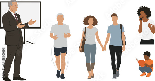 Diverse group of people in various activities including presenting running couple walking and child reading