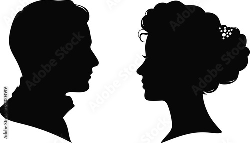 Wedding couple silhouette, bride and groom profile face, romantic man and woman head vector illustration, isolated on white background