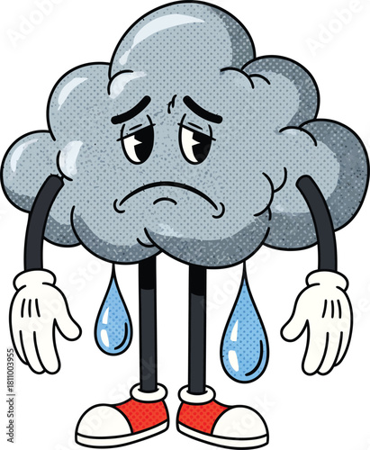Sad gray cartoon cloud character with a halftone texture crying large blue teardrops.